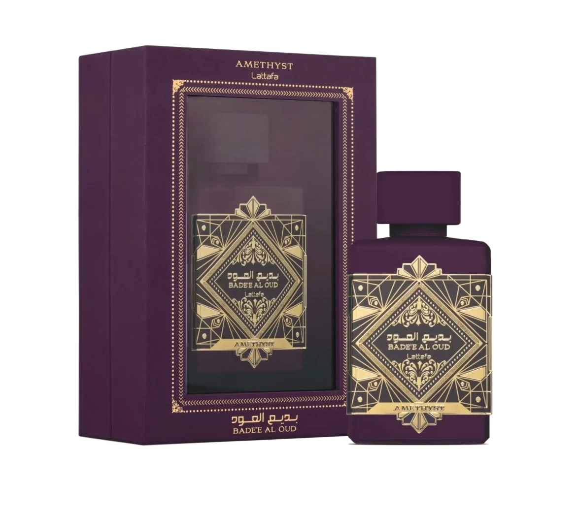 Lattafa Bade'e Al Oud Amethyst fragrance bottle and presentation box